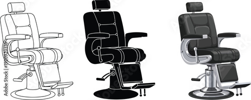 Collection of barber chairs in outline silhouette and realistic vector styles perfect for salon branding and design elements