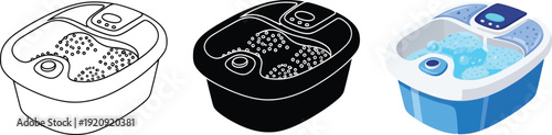 Collection of foot spa bath icons including line art silhouette and color vector illustrations for wellness and relaxation concepts