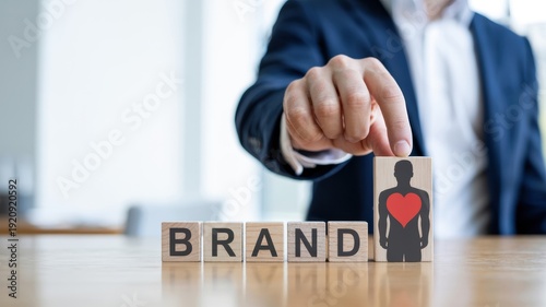 Man in suit places wooden block with heart symbol to complete the word BRAND, representing brand building and identity.