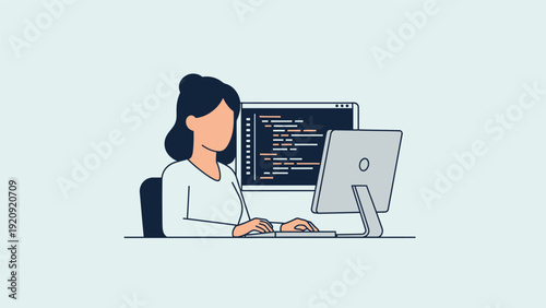 Woman Working on Computer with Code.