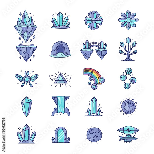 Whimsical Cartoon Crystal and Fantasy Elements Vector Icon Set