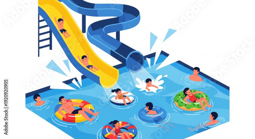 Children playing on colorful water slides and swimming with inflatable rings in a fun summer pool