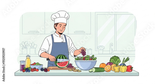 Chef preparing a fresh salad with various fruits and vegetables in a kitchen