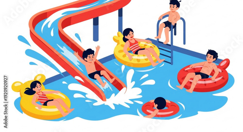 Children playing on colorful inflatable rings in a swimming pool with a red waterslide on a sunny day