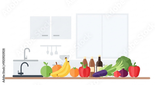 Fresh fruit and vegetables on kitchen counter with wine bottles and sink