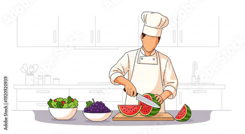 Chef cutting watermelon in kitchen with fresh vegetables and fruits on counter