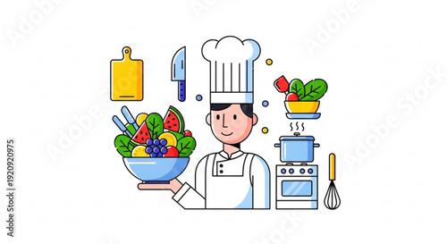 Chef presenting a colorful salad with fresh vegetables and kitchen utensils around him in a modern illustration