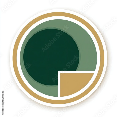 Circular geometric design with overlapping shapes in green, gold, and white