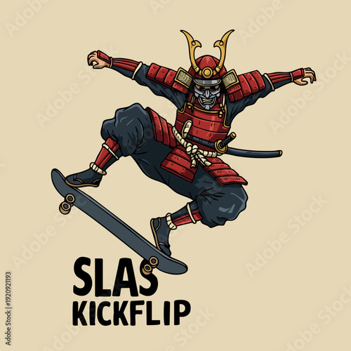 Artistic Colored Samurai Doing Kickflip on Skateboard Illustration Design