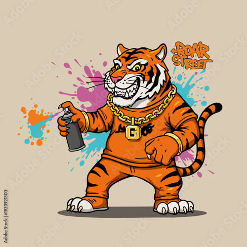 Cartoon Illustration Cool Tiger Spraying Graffiti Artwork Design Element