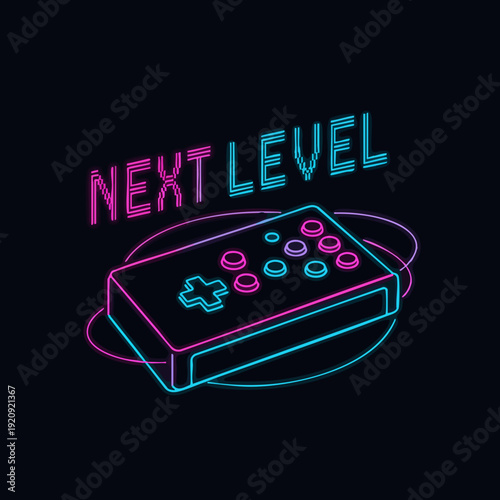 Modern Neon Style Gamepad with Next Level Text Entertainment Illustration