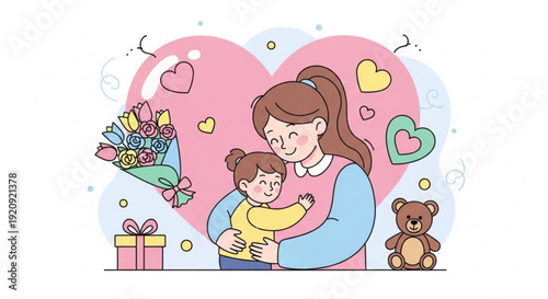 Mother hugging child with hearts gifts and teddy bear on happy mother's day