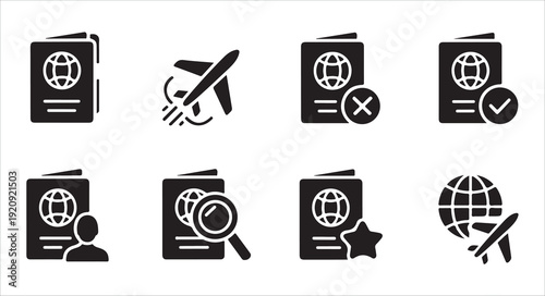 International travel document icons with globe symbols and airplane silhouette for vacation