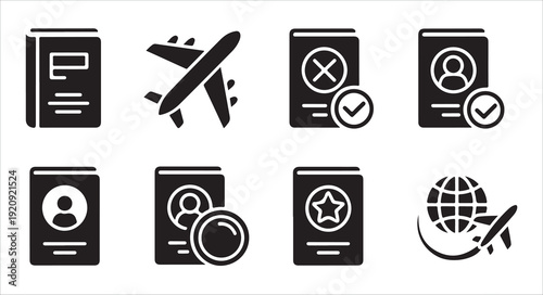 Travel passport icons set for document verification flight booking and identification vector