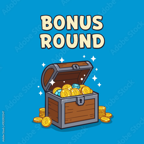 Cartoon Style Detailed Treasure Chest with Gold Coin Bonus Round Illustration