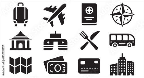 Travel and tourism black flat icon set representing vacation elements in simple designs