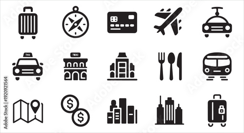 Travel and city black flat silhouette icons representing tourism, vacation, and urban elements