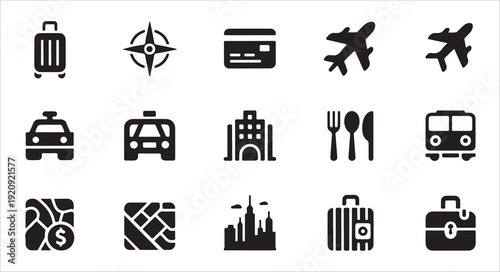 Travel black flat icons set representing tourism and transportation elements in simple modern designs