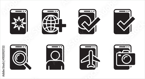 Smartphone shaped solid icons depicting star, globe, check, search, user, airplane, camera, plus