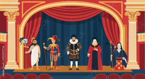 Theatrical characters perform on a stage with red curtains and columns