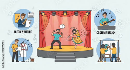 Theater performance with actors musician and stage designers at work