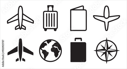 Collection of travel and transportation icons and symbols