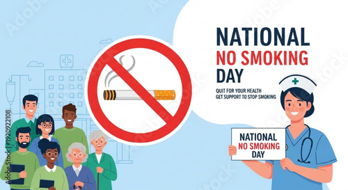 National no smoking day illustration with diverse people and nurse