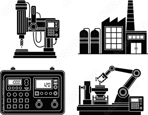 Factory and Production Automation Technology Set, Industrial Manufacturing Plant, CNC Milling Machine, Robotic Arm, and Control Panel Silhouette Vector.