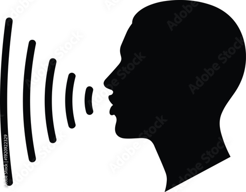 Voice recognition technology icon, human speaking silhouette with sound waves, audio signal symbol, communication concept, speech therapy graphic, cad drawing flat vector illustration,