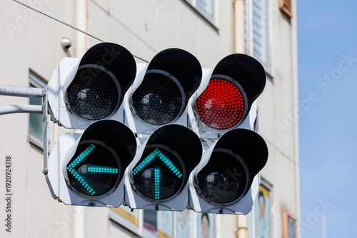 赤信号と左・直進の青矢印が点灯する交通信号機