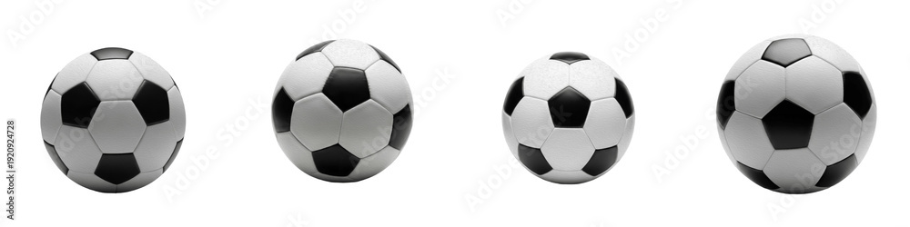 Obraz premium Set and collection of classic black and white soccer balls, professional footballs for sports competition and athletic game equipment design, isolated on white transparent PNG background
