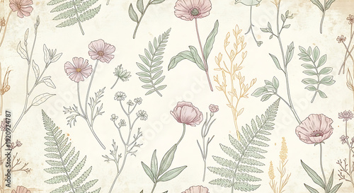 Vintage botanical seamless pattern with handdrawn wildflowers poppies and ferns.