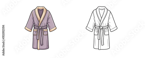Comfortable bathrobe in purple color and black outline version with belt and pockets represents cozy home wear or spa clothing for relaxation on white background