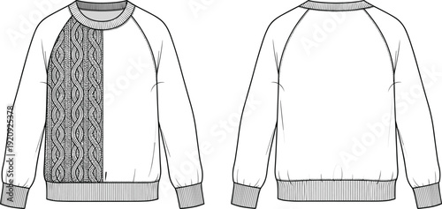 Asymmetrical cable knit sweater technical fashion illustration, front and back view pullover design, detailed winter apparel flat sketch