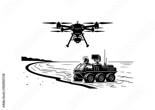 Drone and Military Ground Vehicle Vector Illustration