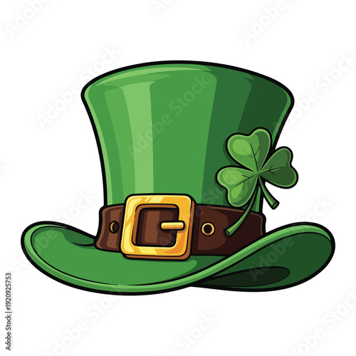 St. Patrick’s Day Green Leprechaun Hat with Gold Buckle and Shamrock — Cute Cartoon Irish Holiday Vector Illustration