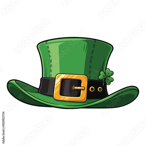 St. Patrick’s Day Green Leprechaun Hat with Gold Buckle and Shamrock — Cute Cartoon Irish Holiday Vector Illustration