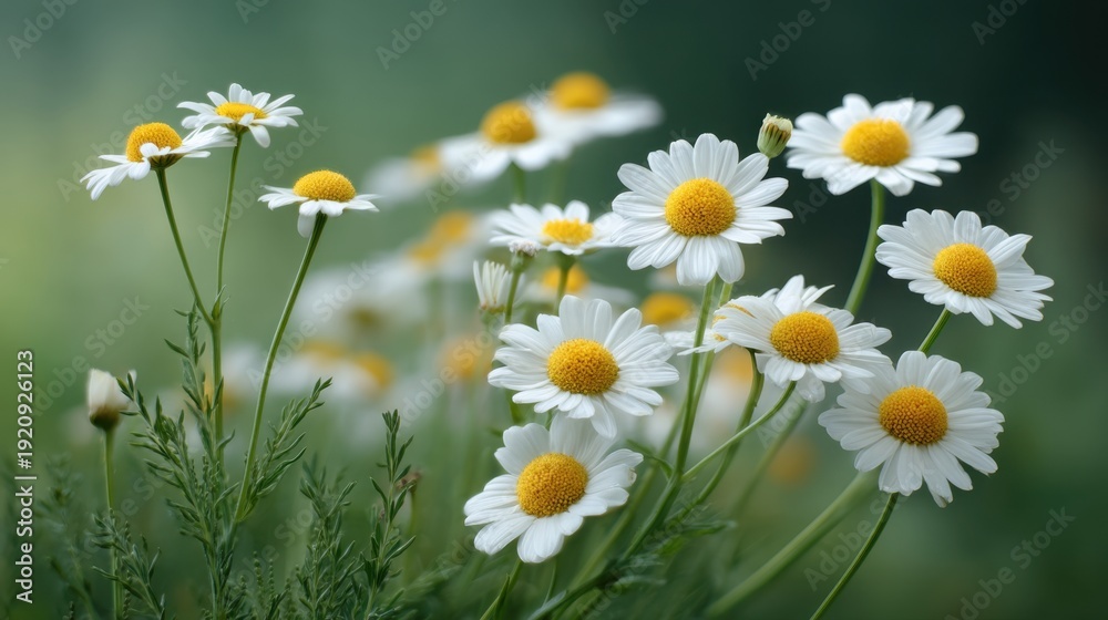 Fototapeta premium Delicate White Daisies Blooming in a Soft Focus Garden Setting, Bringing Joyful Vibes of Nature and Serenity in a Peaceful Atmosphere