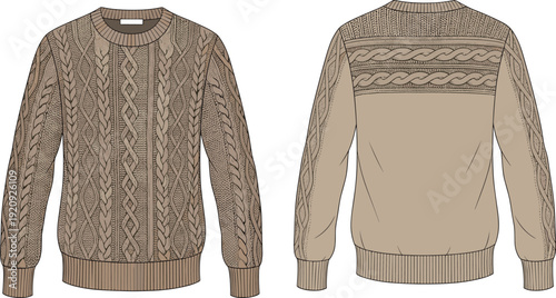 Cable knit sweater technical fashion illustration, front and back view winter pullover design, detailed knitted pattern apparel template