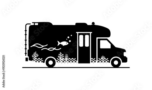 Black Vector RV with Ocean Theme Silhouette