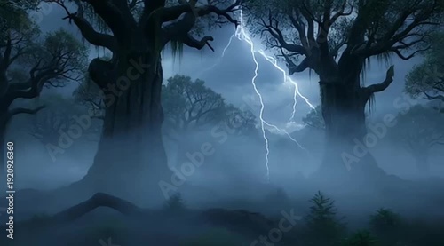 Mystical Forest with Ominous Trees Illuminated by a Flash of Lightning