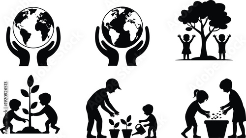 Environmental protection and tree planting silhouettes set children gardening globe care sustainability vector icons isolated collection