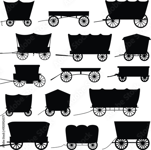 Vintage covered wagon silhouettes collection featuring western pioneer carts and old wooden transport vehicles vector illustration set
