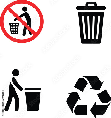 No littering sign and recycling icons set with trash bin symbols waste management vector illustration collection