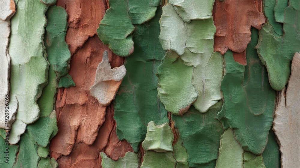 Fototapeta premium Close-up View of Vibrant Natural Bark Surface with Unique Textures and Colors in Earthy Shades of Green, Brown, and Red for Artistic and Design Inspiration
