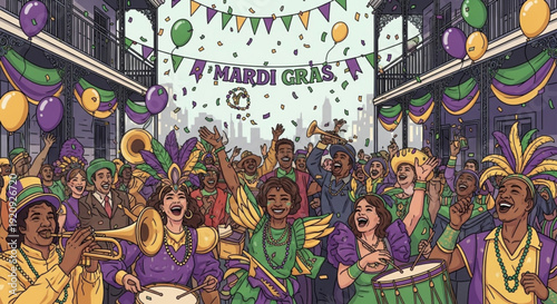 Mardi gras celebration with colorful crowd and confetti in city street