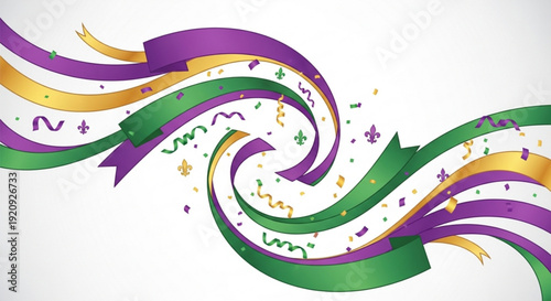Mardi gras colorful purple green and gold ribbons with confetti on white background