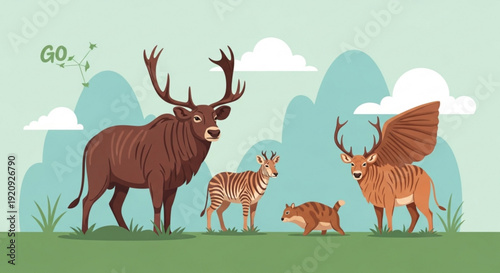 Wild animals standing together in a natural landscape with clouds