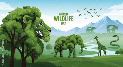 World wildlife day illustration with animals in natural habitat landscape