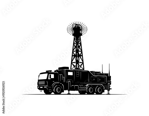 Military Communications Truck with Radar Tower Silhouette